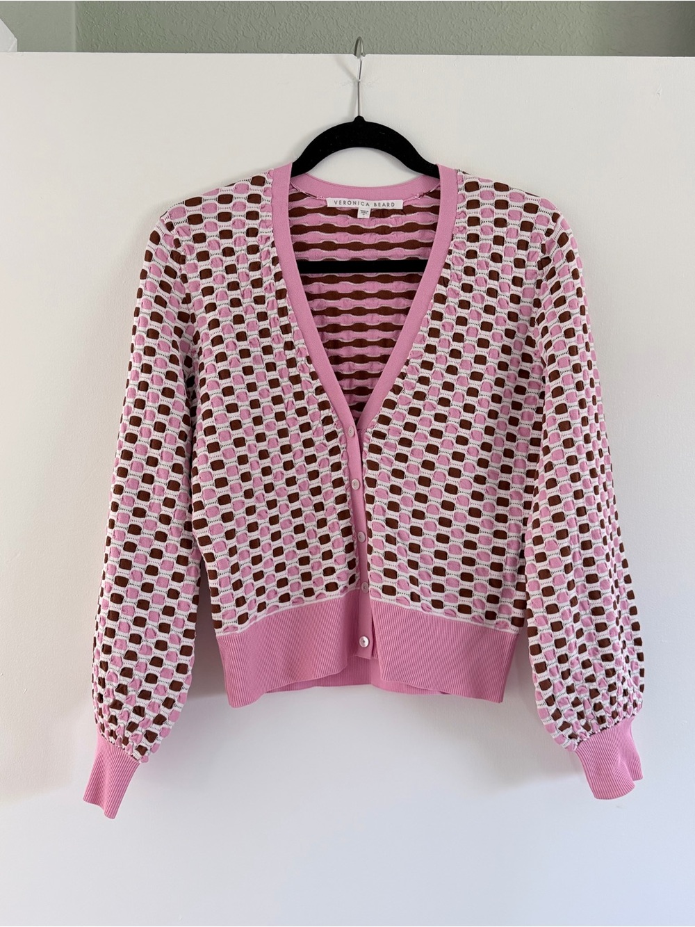 Veronica Beard Loraine Balloon Sleeve Pink Brown Check Textured Knit Cardigan S